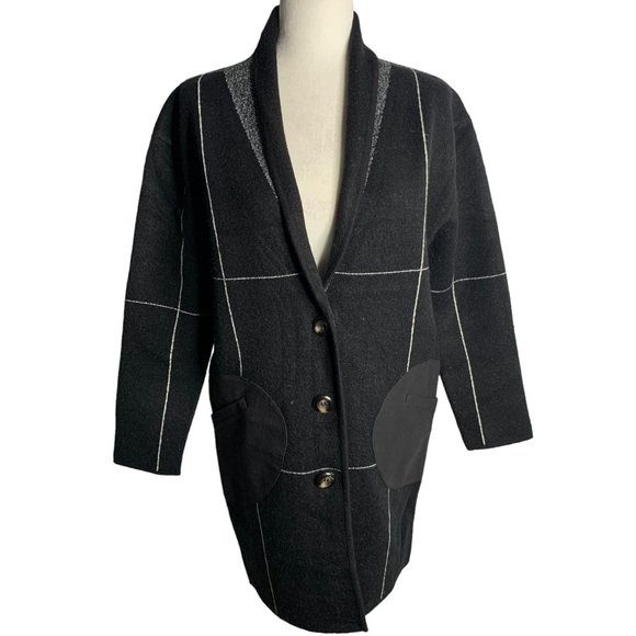 Kerisma Shawl Collar Grid Coat S/M Black Buttons Faux Leather Pockets Patches - Picture 1 of 7